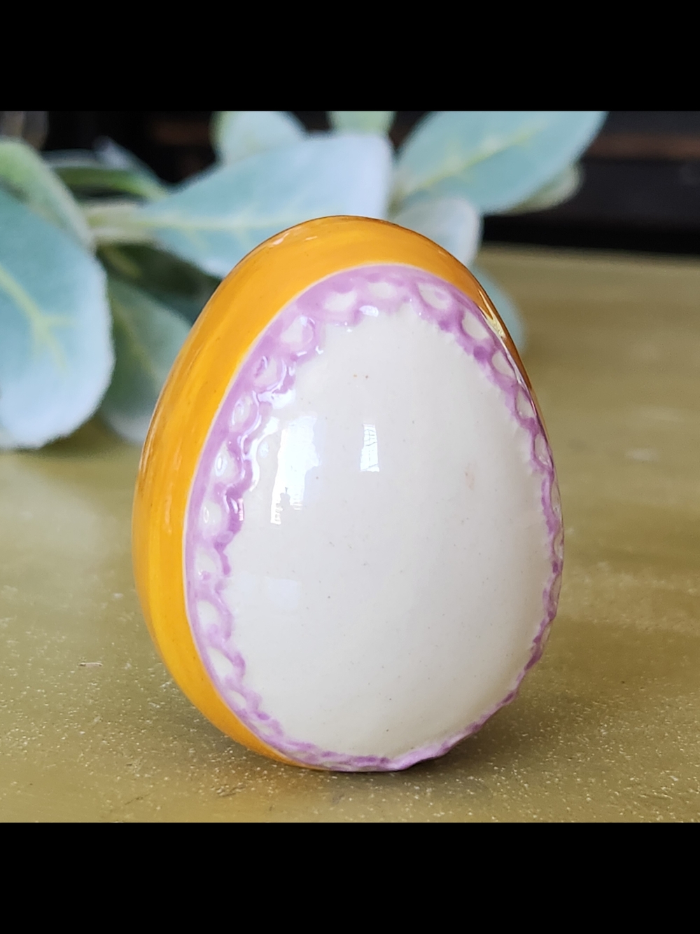 Hand-Painted Ceramic Egg Decor in Yellow and Lavender - Home Art